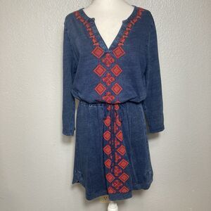 Lucky Brand Mini Dress Women’s Large Long Sleeve Embroidered Knit Navy Blue